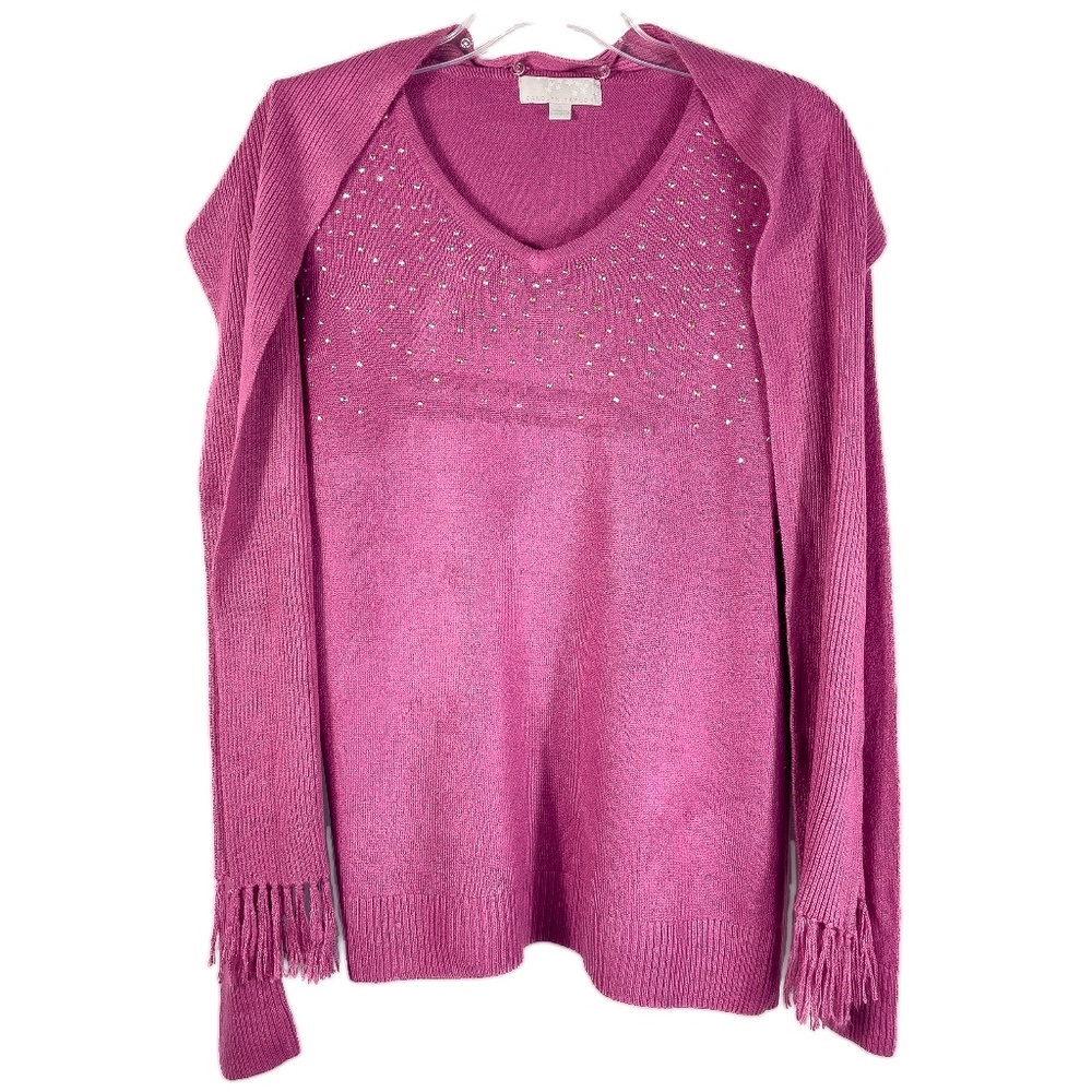 Pink V Neck Rhinestone Trim Sweater with attached Scarf